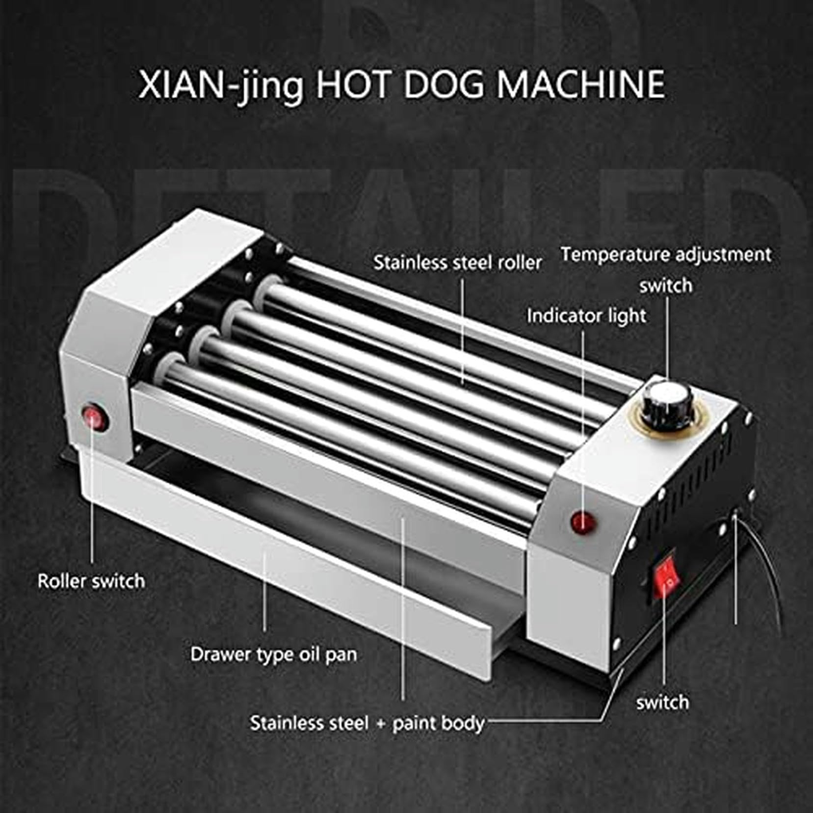 Máquina de rodillos de acero inoxidable para perros calientes, cocina eficiente de 600 W con rodillos de calor, diseño compacto y fácil de limpiar para cocina, desayuno y comidas rápidas