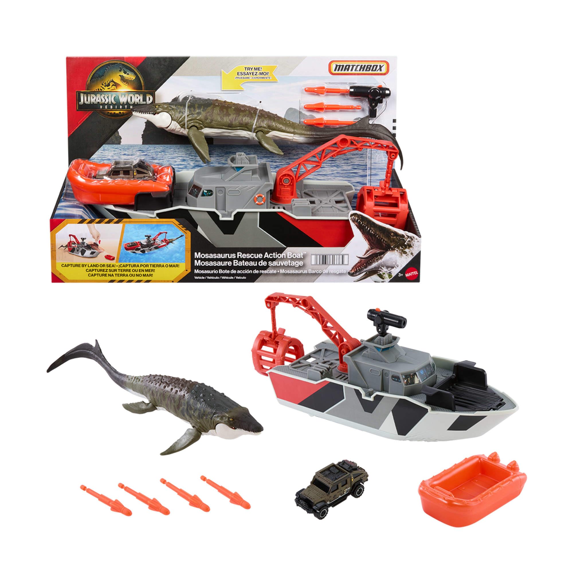 Matchbox Spielzeugauto-Set, Jurassic World 32 cm Dino-Boot mit 33 cm Mosasaurus-Dinosaurier, Die-Cast-Jeep im Maßstab 1:64, Harpunen-Geschosse und abnehmbares Rettungsboot