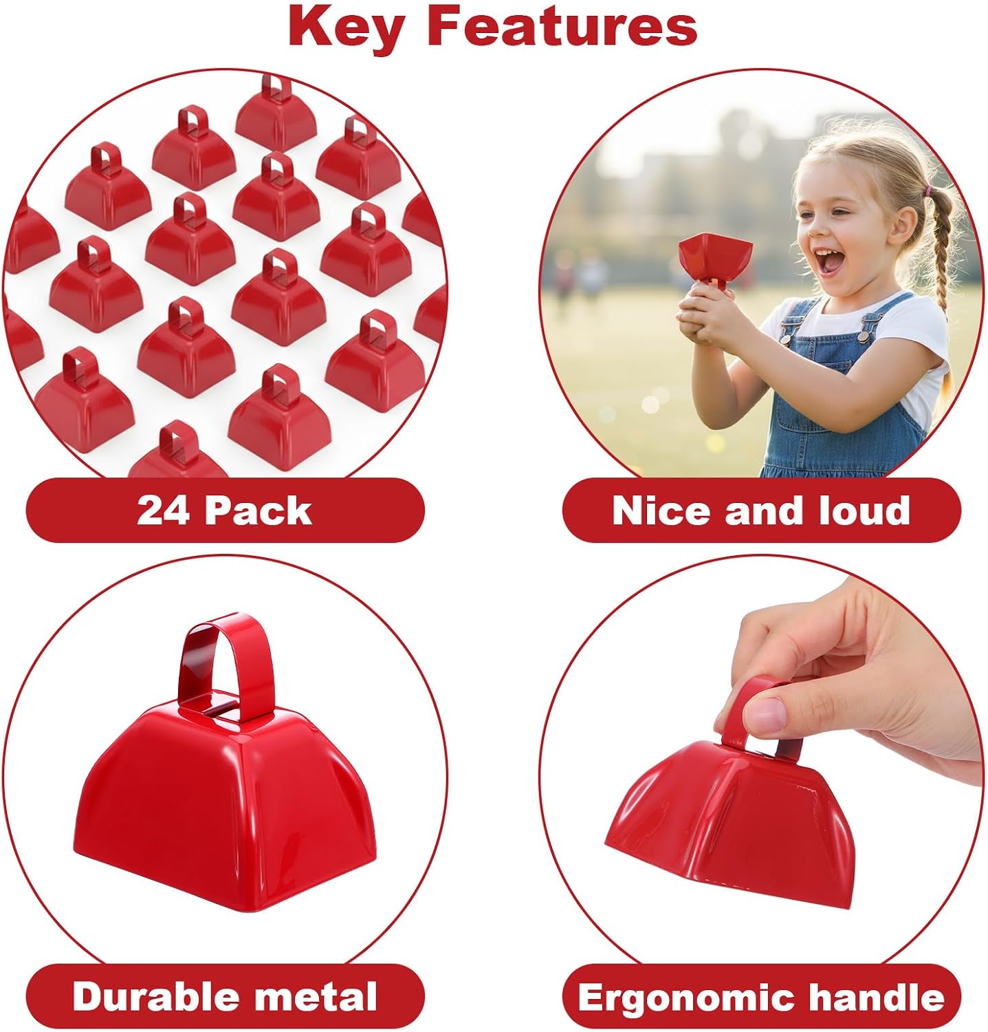 24 Pack Metal Cowbell, Red Cow Bells for Sporting Events, Cheering, Spirit, Loud Cow Bell Ideal Hand Percussion Cowbells Noise Makers for Sporting Events, Football Games, and Celebrations (3 Inch)
