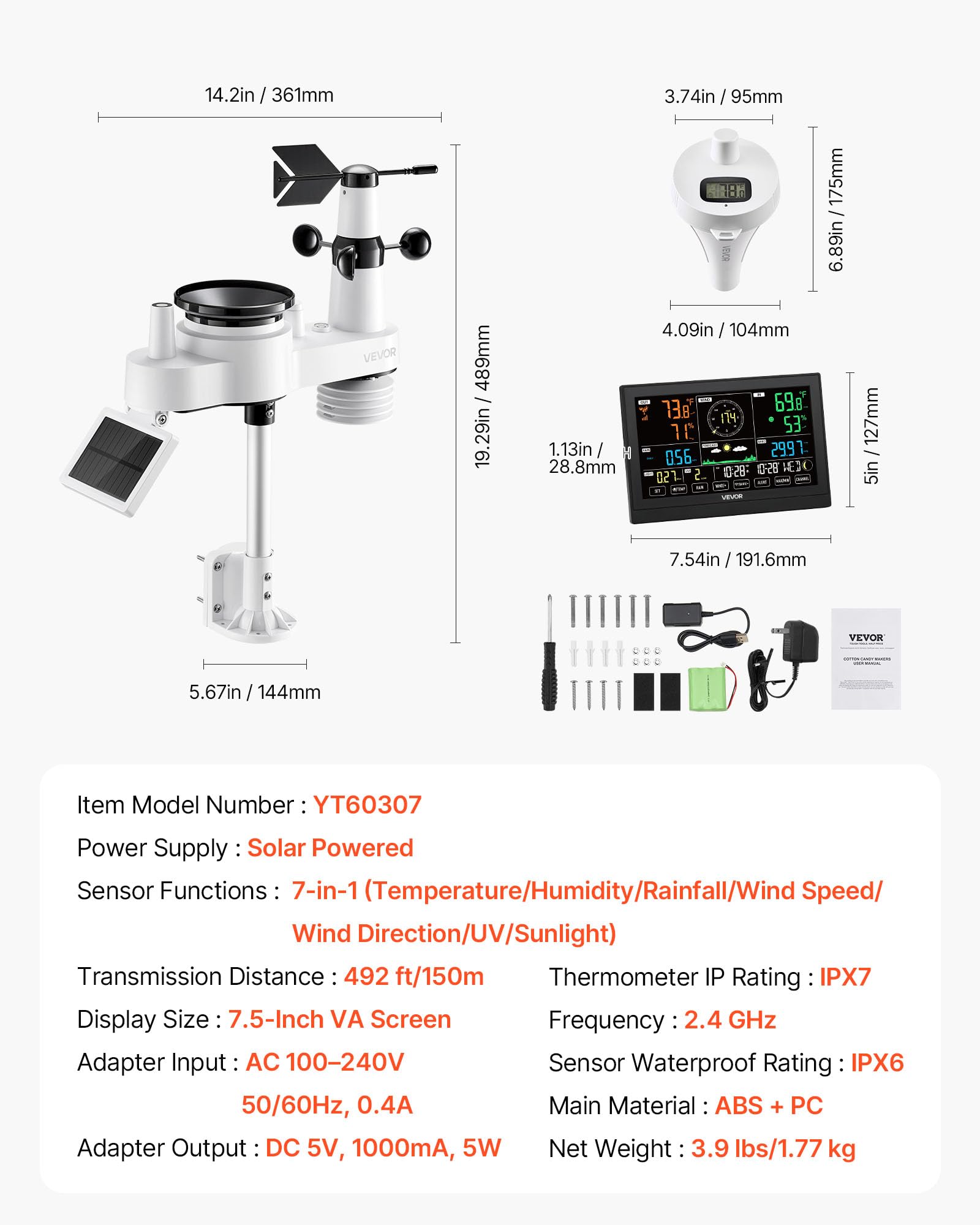 VEVOR 7 w 1 Wi-Fi stacja pogodowa z aplikacją, wyświetlacz 19.1 cm, bezprzewodowy czujnik zewnętrzny zasilany energią słoneczną, termometr basenowy, miernik deszczu, do użytku wewnątrz i na zewnątrz