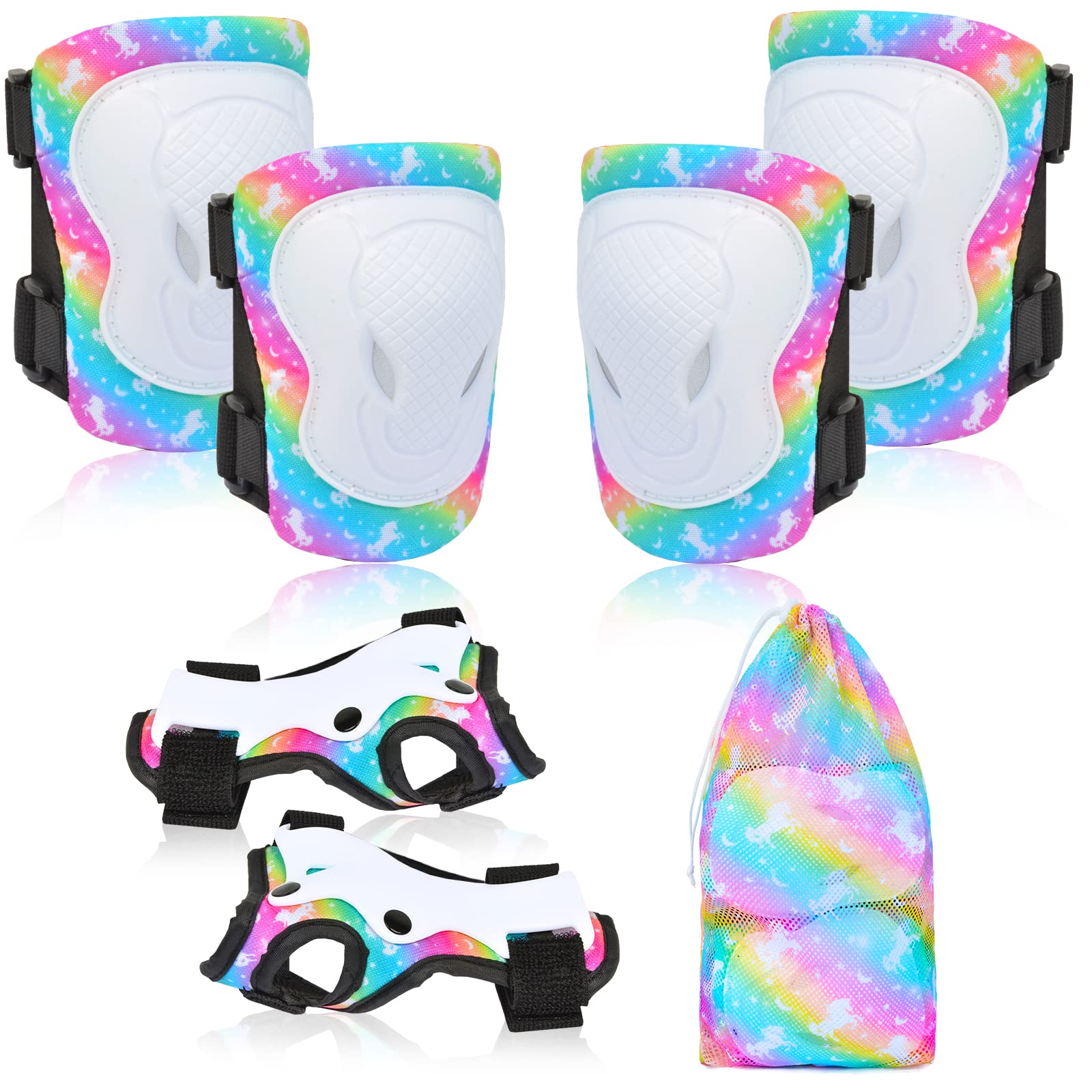 Knee Pads for Kids Elbow Pads Wrist Guards with Drawstring Mesh Bag, 7 in 1 Protective Gear Set for Girls Boys for Skating Cycling Bike Rollerblading Scooter, 3-8 Years