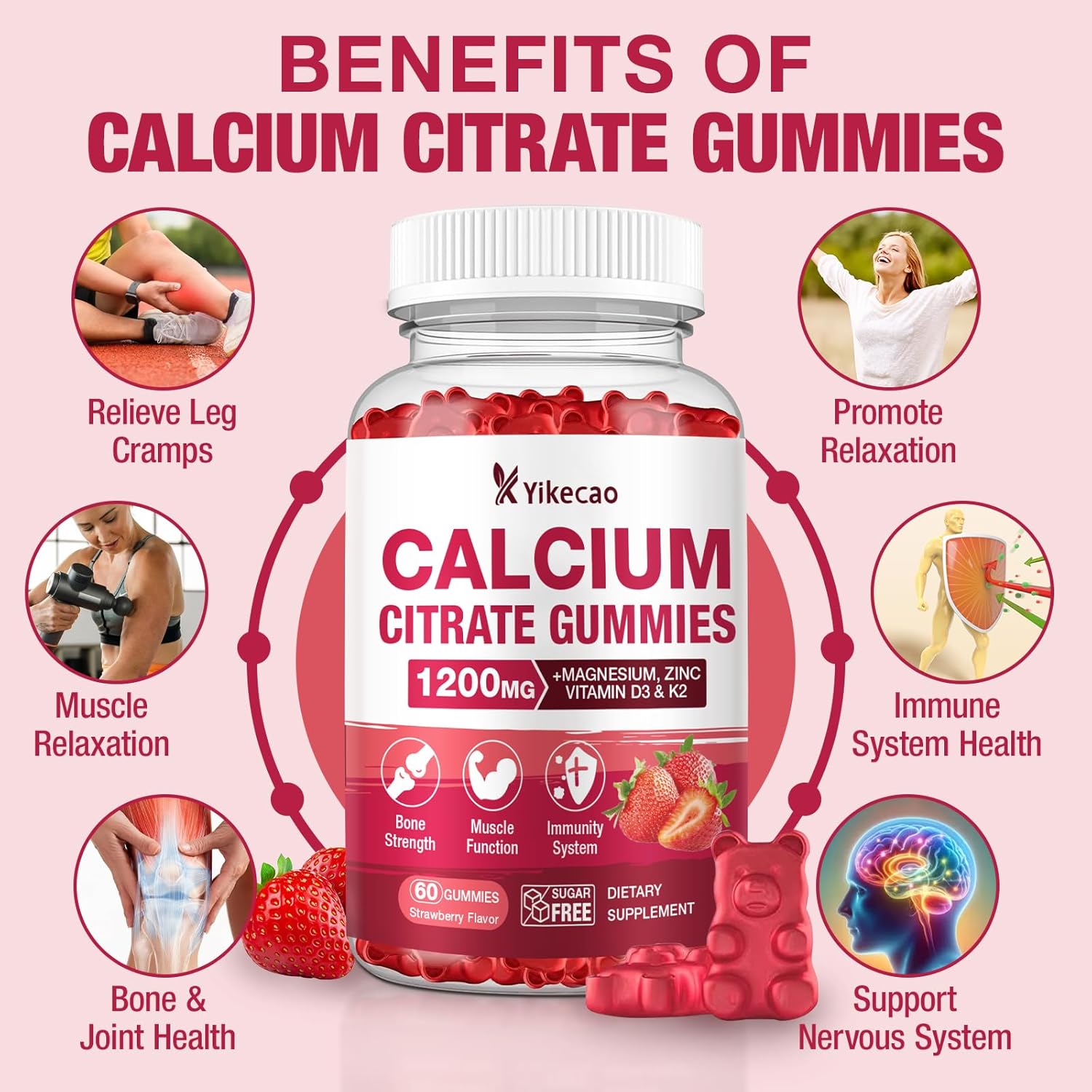 2 Pack Calcium Citrate Gummies 1200mg, Calcium Supplements for Women & Men, Calcium Gummies with Vitamin D3, K2, Magnesium, Zinc, Potassium, Muscle & Immune Support, Strawberry Flavor, 120 Count