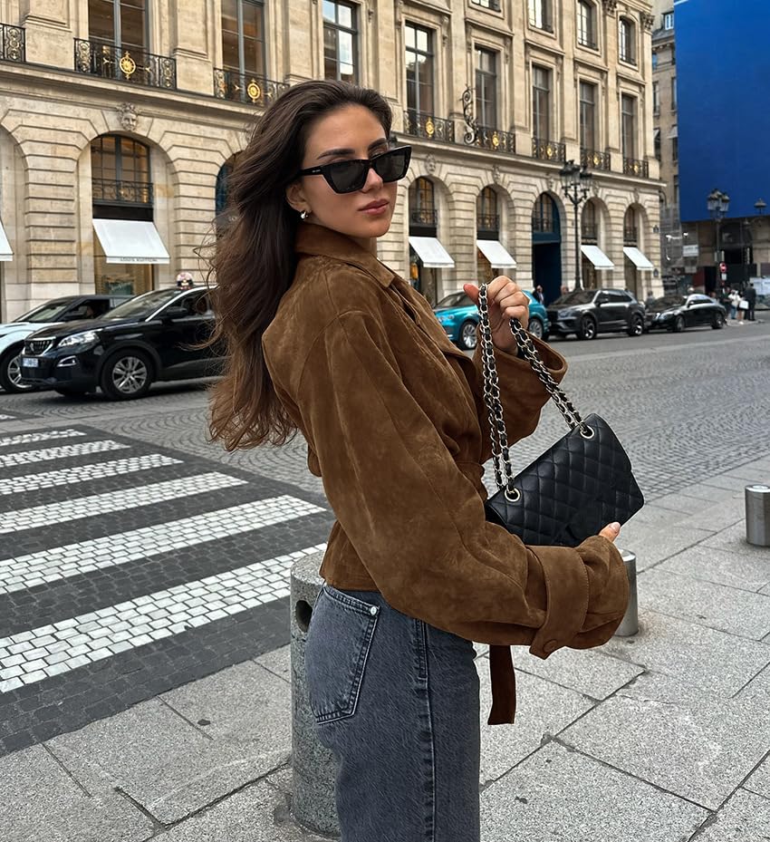 VOIKERDR Brown Suede Jacket Women Trendy Faux Suede Jacket with Belt Winter Outfits Outwear4