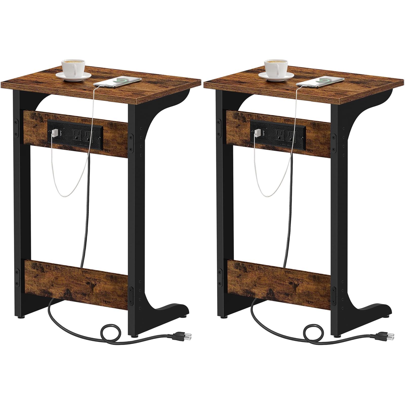 Photo 1 of TUTOTAK Set of 2 C Shaped End Table with Charging Station, Tv Tray Table with 2 USB Ports and Outlets, Couch Table, Snack Table, Sofa Side Table for Small Spaces, Living Room, Bedroom TB01BB0442 2 Brown