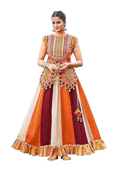 Captivating Mustred with multi colour Color Khadi Fabric Free SizeKurti With Skirt woman (Lehenga choli) narvratri special redemade set.