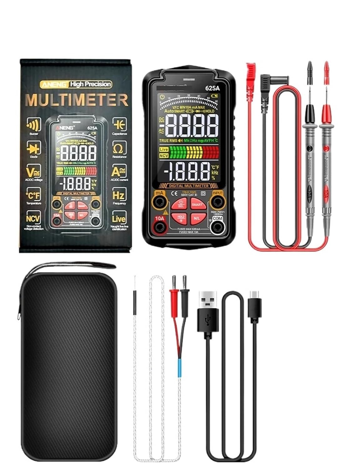 1000V Current Voltage Multimetro 60MOhm 10A USB Type-c Charge Test Tools ANENG 625A Multimeters