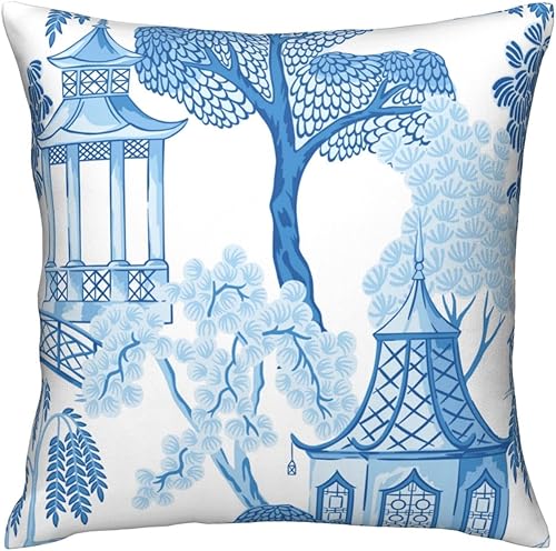 VARUN Fundas de almohada vintage de árboles de pagoda china con patrón floral sin costuras, diseño chino azul dibujado a mano, fundas de almohada
