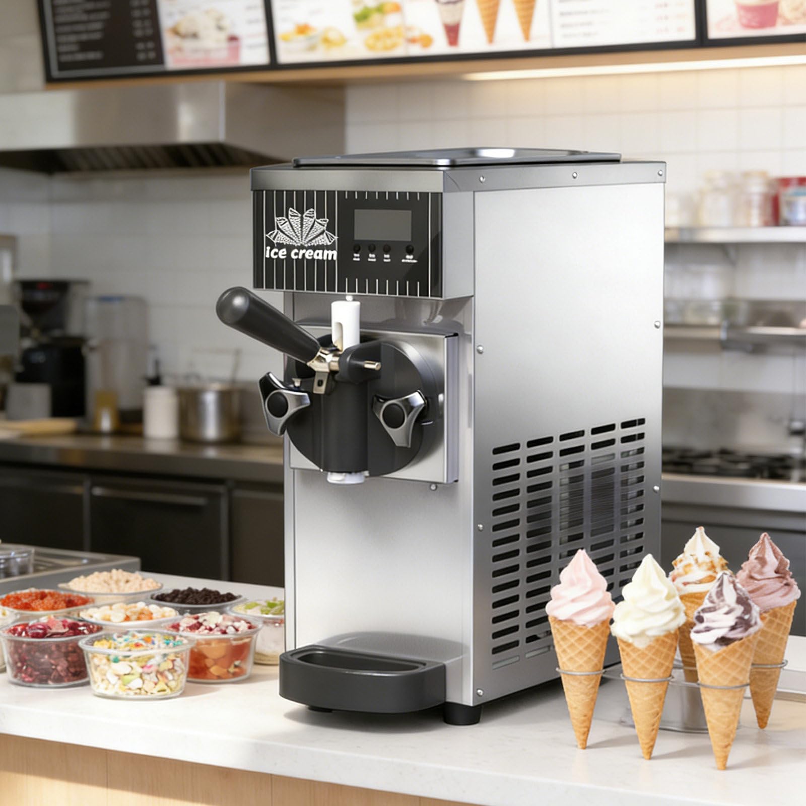 Máquina Comercial para Hacer Helados, Dispensador De Helado Suave De Un Solo Sabor, 50-60 Porciones por Hora/Panel LCD, Autolimpieza Y Preenfriamiento — para Restaurantes Grey-3.5L