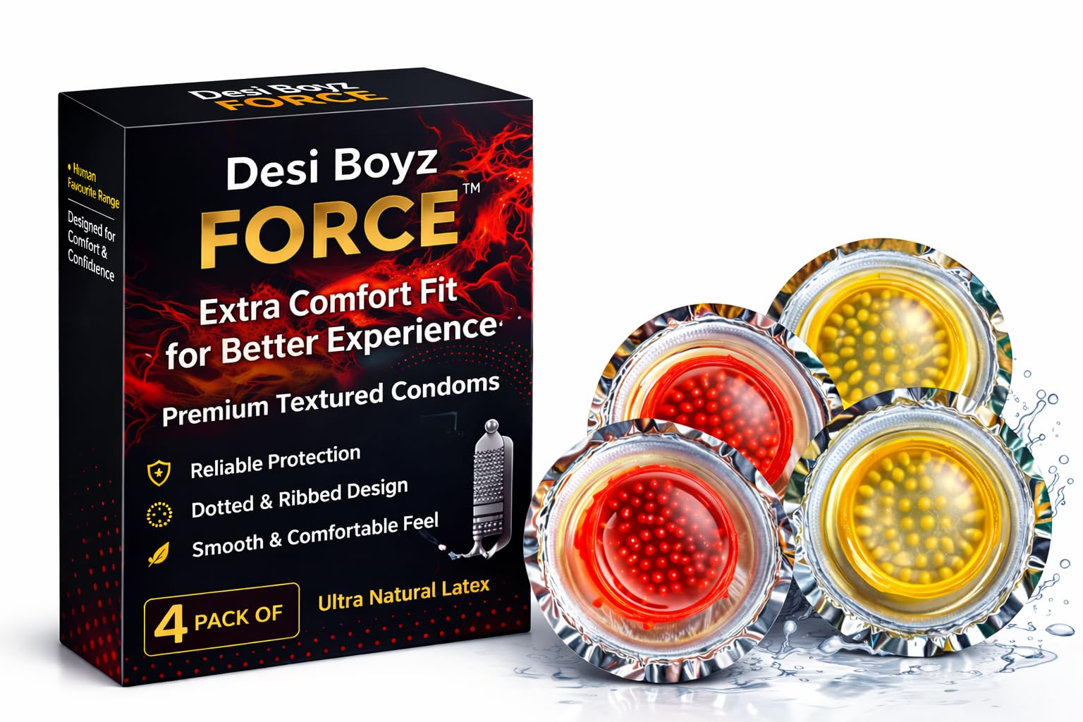 Desi Boyz FORCE™ Premium Condoms Pack of 4 | Textured Dotted & Ribbed | Comfort Fit Design | Smooth Finish | Safe & Reliable Protection | Natural Latex-picture-21