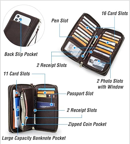 Vista 6 de CataPurus Serie de cartera de cuero genuino de grano superior, Café rojo - Actualizado - Cierre de cremallera, Vintage