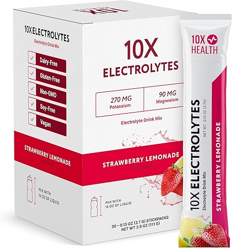 10X Health - Mezcla de bebida en polvo de electrolitos con limonada de fresa con potasio, magnesio y sal del mar mediterráneo, polvo de electrolitos