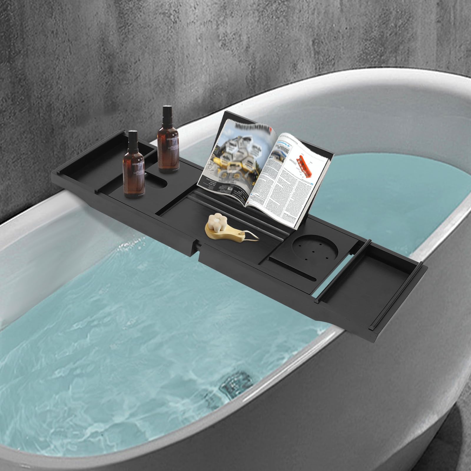 Mensola estensibile per vasca da bagno, 75-111 cm, in bambù, colore: nero | capacità di carico di 10 kg, scomparti multifunzionali per vino, telefono e laptop, ripiani rimovibili