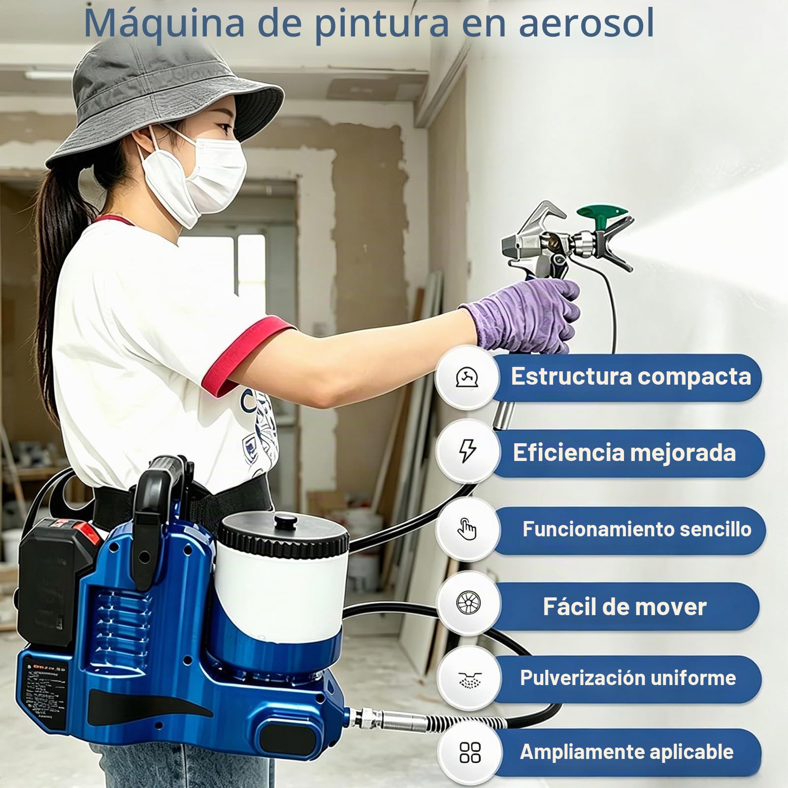 Pulverizador de Pintura Airless inalámbrico de 550 W, Pistola de Pintura eléctrica portátil, 6 velocidades, para Pinturas de látex, Uso Comercial y residencial. Blue-TwoBatteries