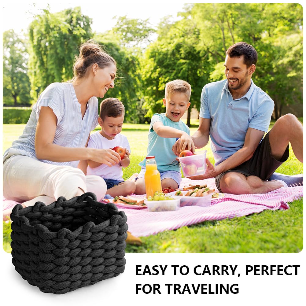Aolso Cesto Portaoggetti in Corda di Cotone Intrecciato, 2pcs Contenitore Bagno Portaoggettii, Cestino Cameretta,Cestini Decorativi Quadrati per Portaoggetti per Trucchi,Giocattoli, Calzini, Nero