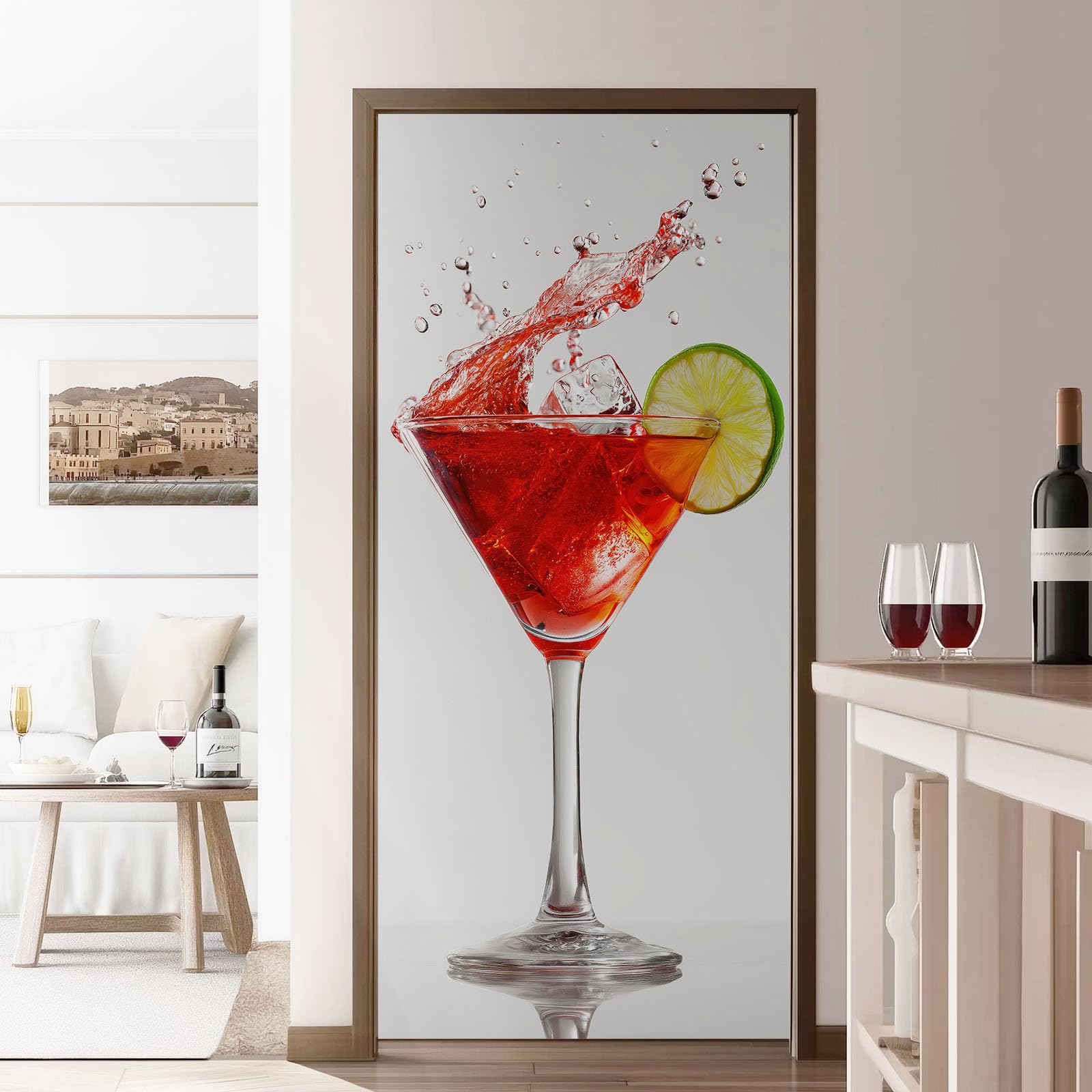 Papel pintado autoadhesivo para puerta minimalista 3D, póster para puerta, adhesivo para puerta, patrón de copa de vino, resistente al agua, lámina de vinilo para puerta, gris claro, póster extraíble