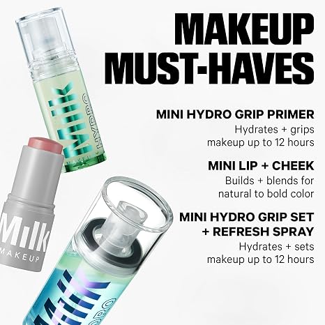 Milk Makeup Mini Must-Haves Set Includes 12HR Hydrating Face Primer (.33oz) + 12HR Setting Spray for Gripping Makeup (1.69oz) and Multi-Use Cream Blush Stick + Lip Color in Werk (Dusty Rose, 0.10oz)