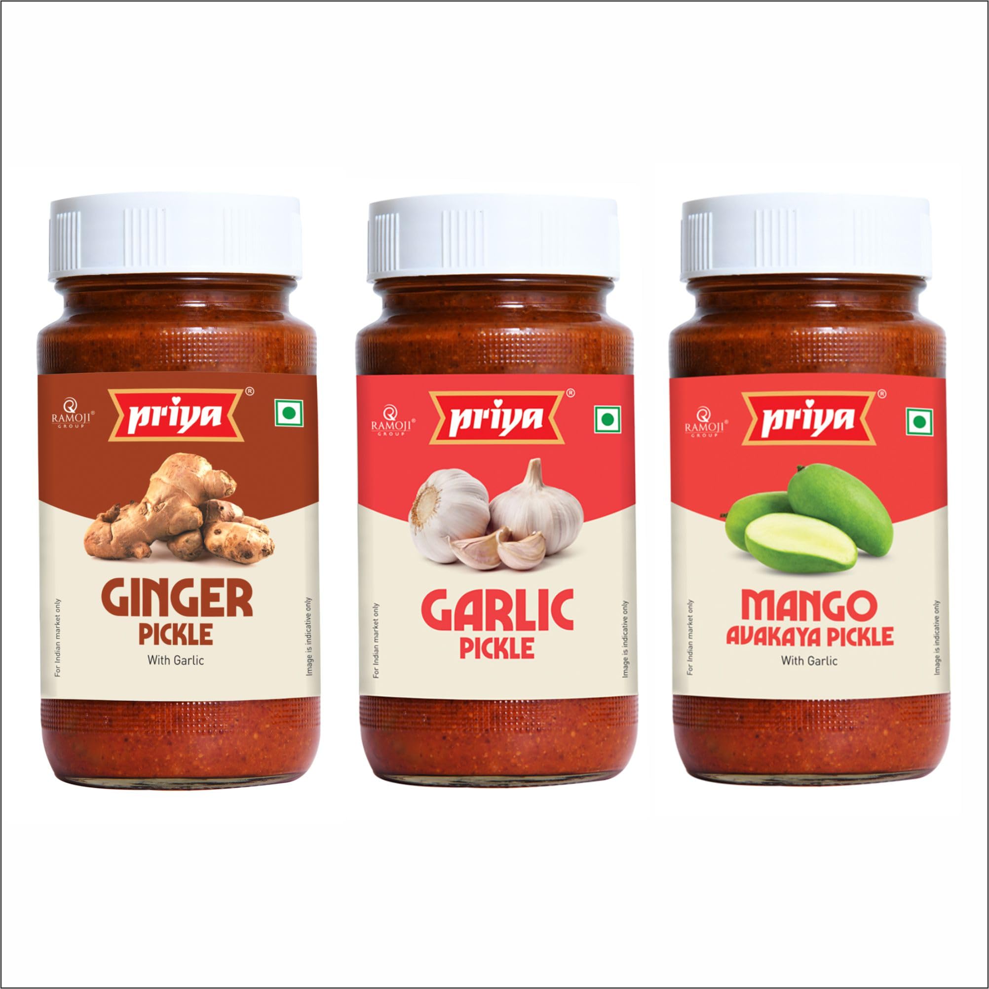 Priya Pickles Combo of 3 Pickle With Garlic Total 900gm I Ginger, Garlic, Mango avakaya I Authentic Telugu Style Achar | Traditional South Indian Taste | Homemade Andhra Pickles | Glass Jar