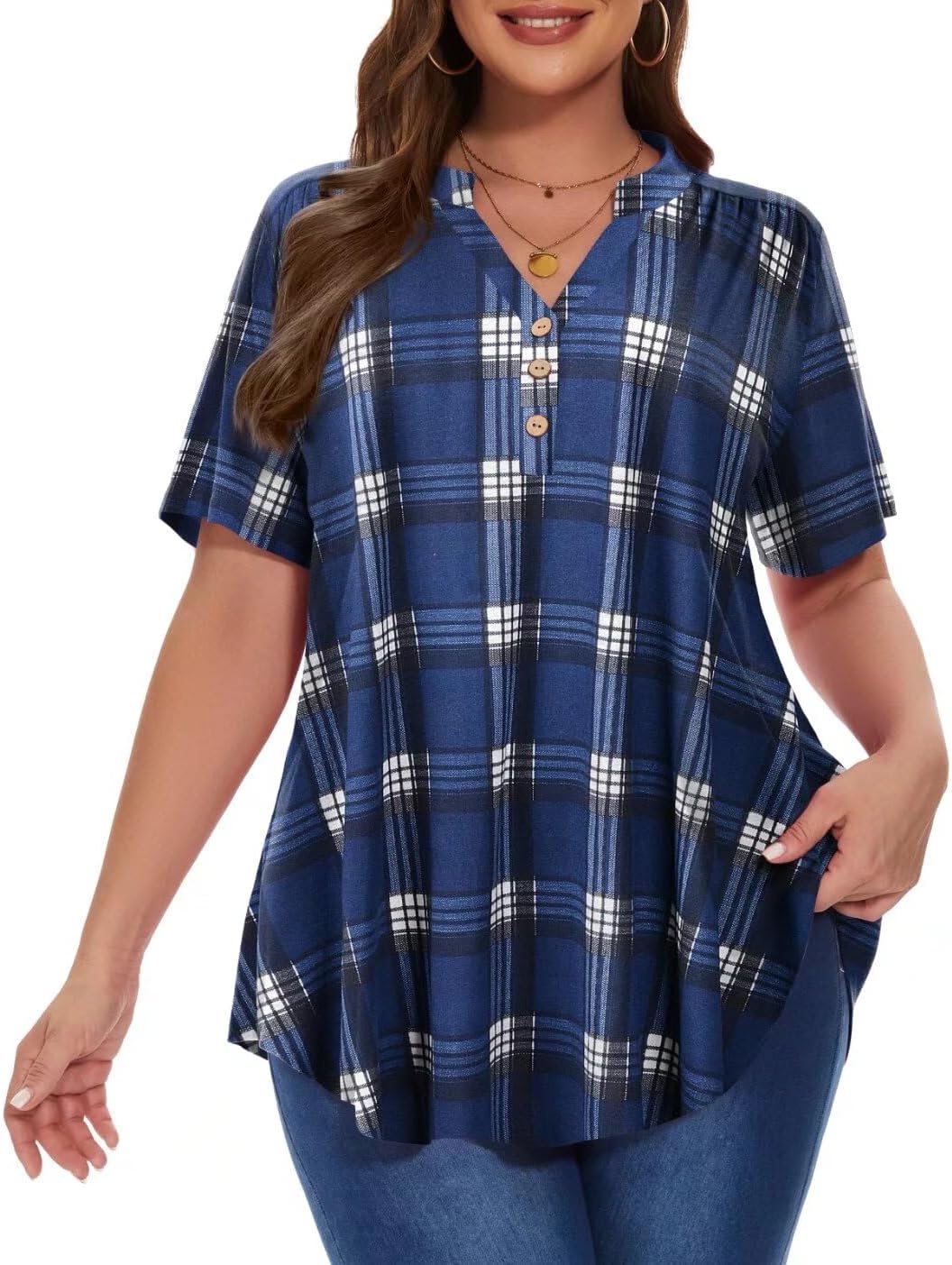 MONNURO Womens Plus Size Tops Short Sleeve Henley Button Down T Shirts Business Blouses Casual Tunics For Leggings