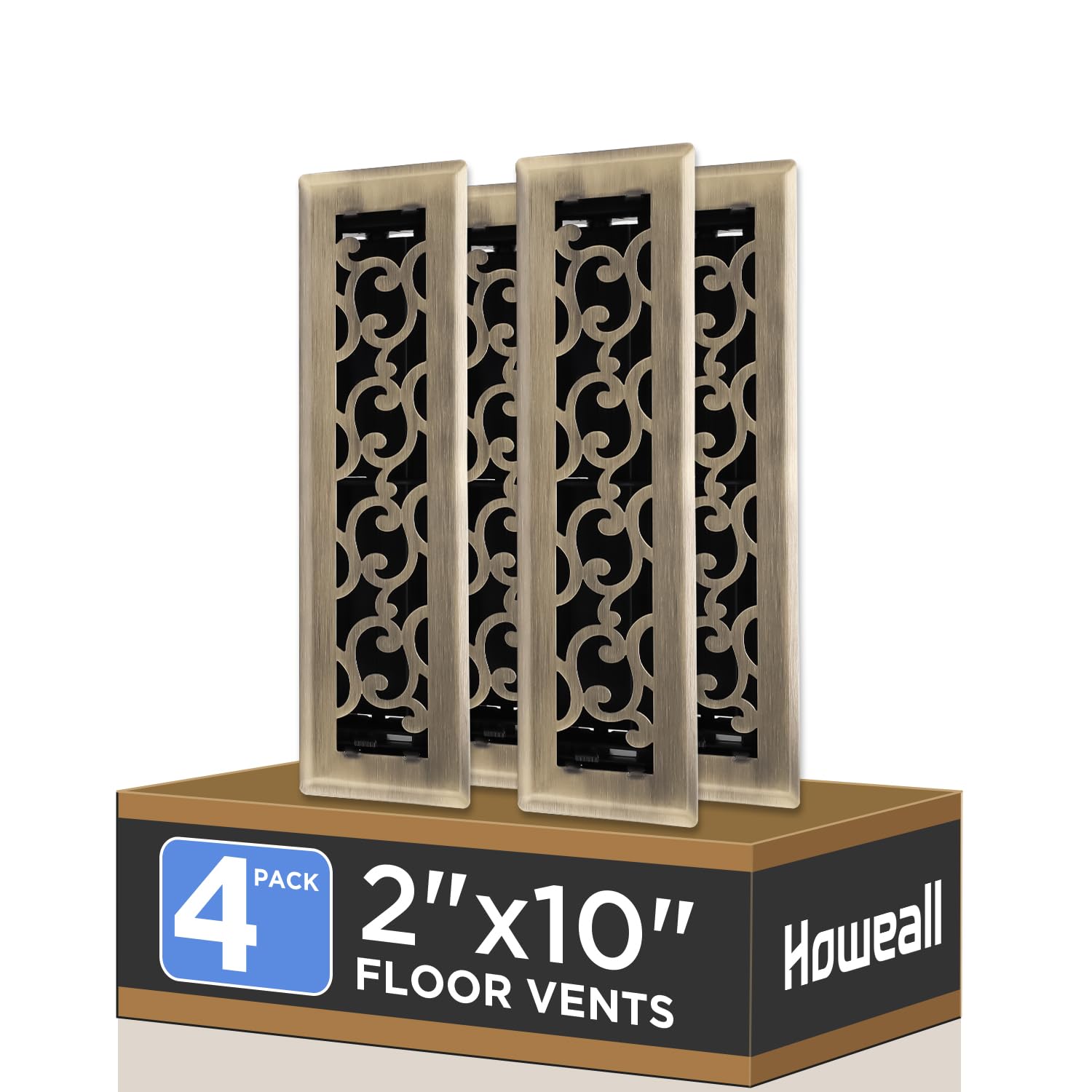 Howeall 2x10 Inches 4 Pack Heavy Duty Walkable Floor Register - Easy Adjust Air Supply Lever Decorative Floor Vent Covers, Savannah Design Vent Covers for Home - Antique Brass