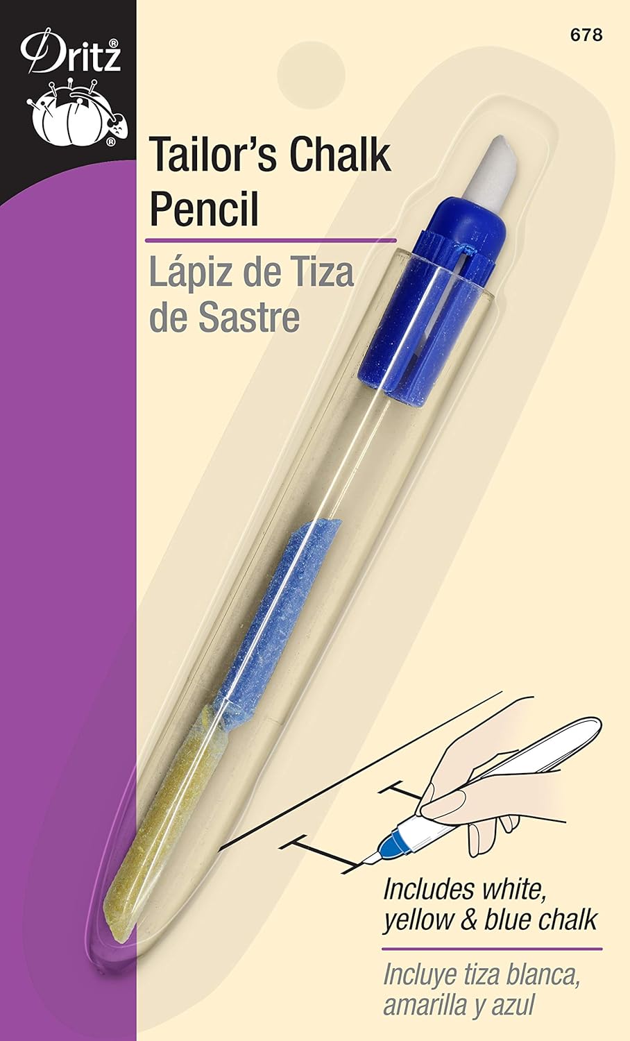 Dritz Chalk Tailor's Pencil, 1 Count (Pack of 1), White, Yellow, Blue