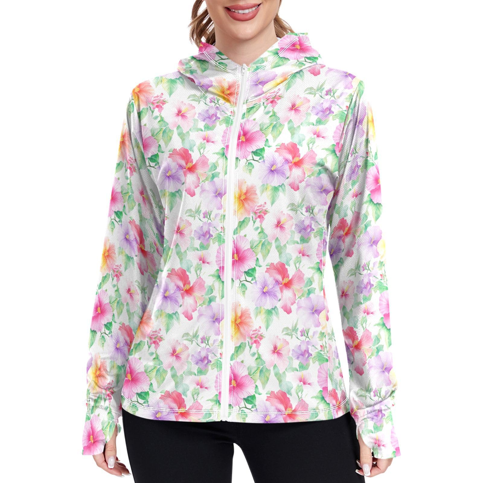 Womens Sun Protection Hoodie Jacket Lightweight Zip Up Jackets for Women UPF 50+ Clothing for Hiking Golf Cycling XL Watercolour Floral