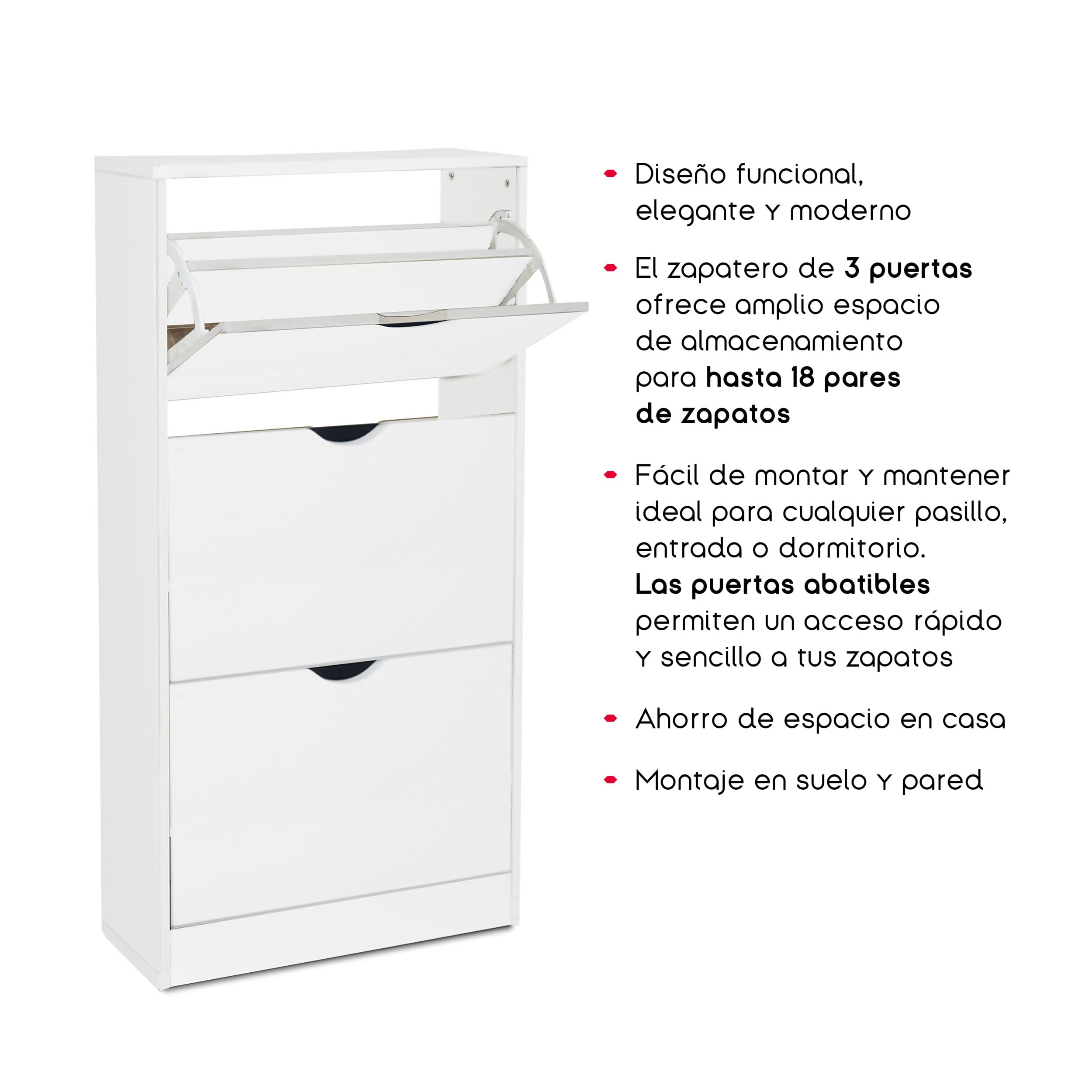 TIENDA EURASIA – Zapatero | 3 Puertas Abatibles de Almacenamiento | Medidas 118x60x24 cm | Estructura de aglomerado de madera (PB) | para 18 Pares de Zapatos |Zapatero Entrada Recibidor (Blanco)