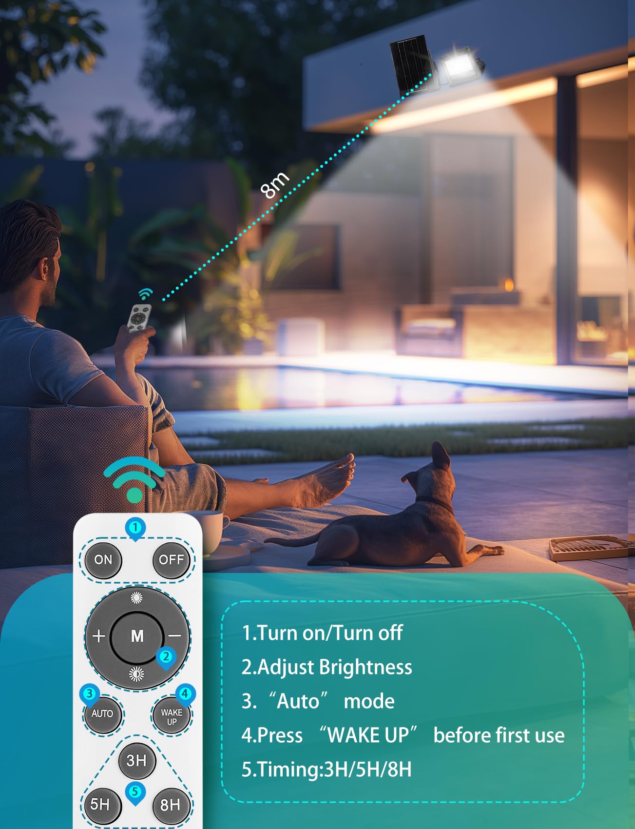 Aigostar Faretto LED Esterno con Pannello Solare 100W, Luce Bianca 6500k. Faretto con Pannello Solare con Telecomando. Grado di Protezione IP65, Faro LED Solare Regola la Luminosità è Funzione Timer