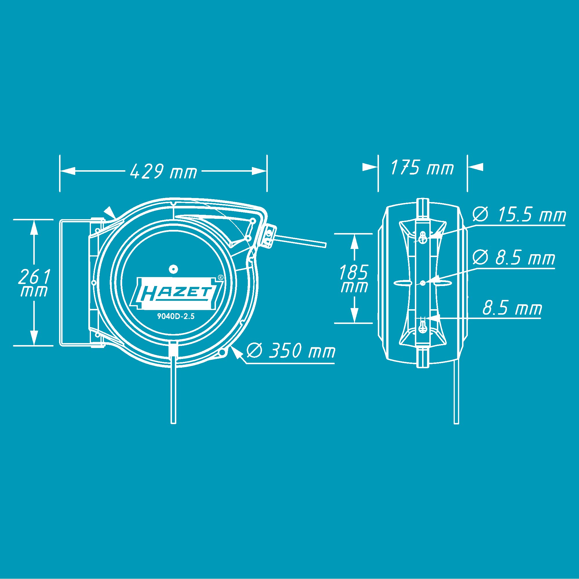 Avvolgicavo HAZET 9040D-2,5 | Lunghezza del cavo: 20 m, cavo di collegamento: 1,5 m, con funzione "Stop in qualsiasi punto" | Avvolgicavo automatico per l'ordine in ogni officina