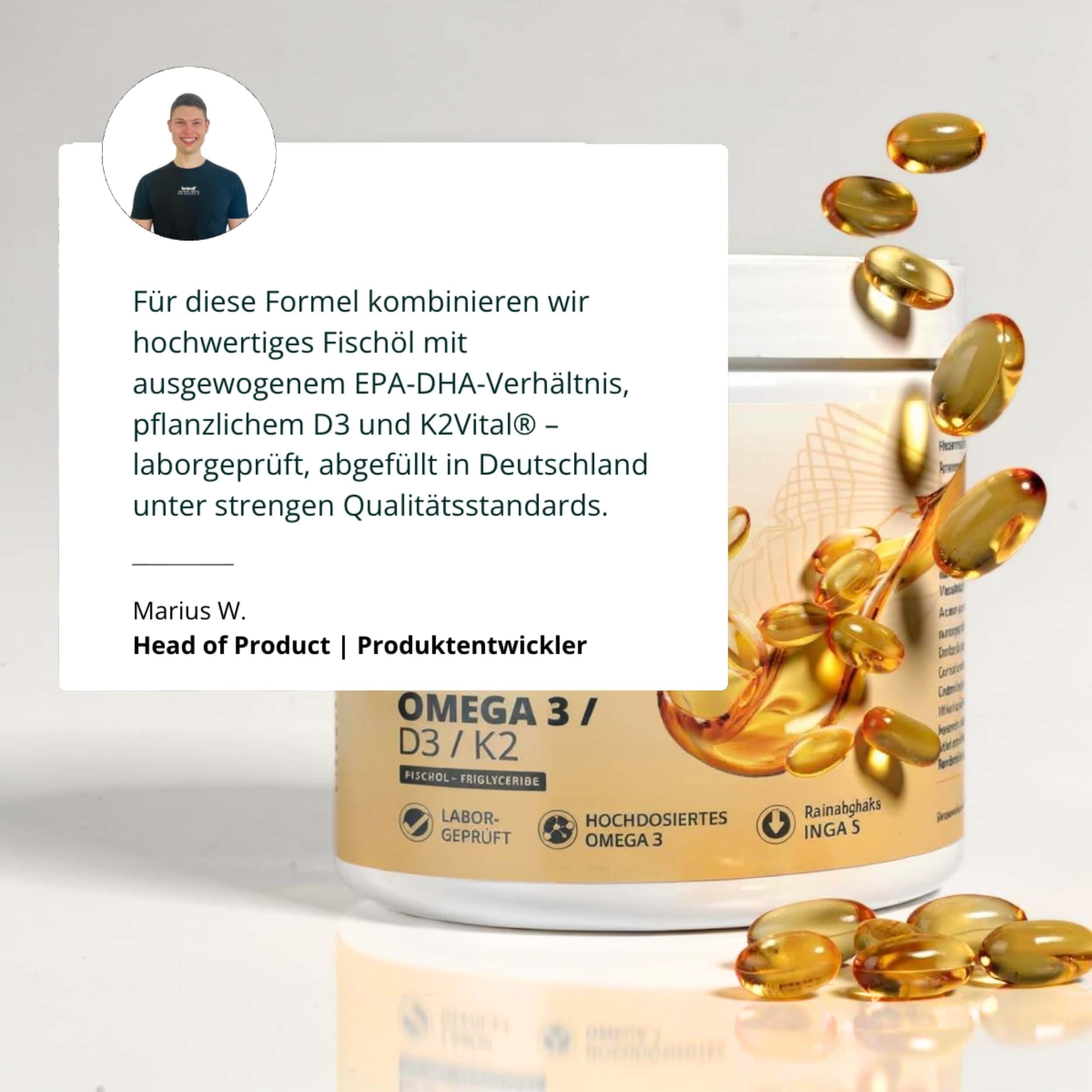 Vitamin D3 K2 Omega 3 Premium Kapseln hochdosiert – Made in Germany mit Fischöl Omega 3 – Optimiert für Sportler – 240 Kapseln – unabhängig laborgeprüft Verhältnis 2:1 EPA - DHA