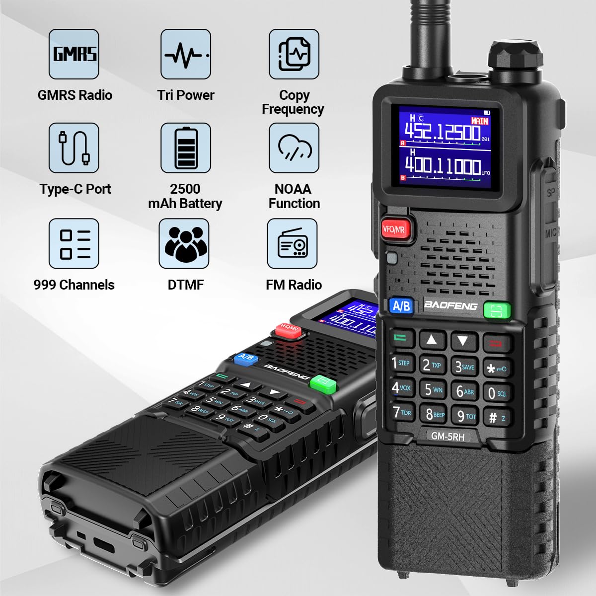 BAOFENG GMRS Handheld Radio Long Range Rechargeable 3800mAh Extends Battery 999 Channels NOAA Weather Receiver Copy Frequency USB-C Charger Two Way Radio GM-5RH with High Gain Antenna(2 Pack)