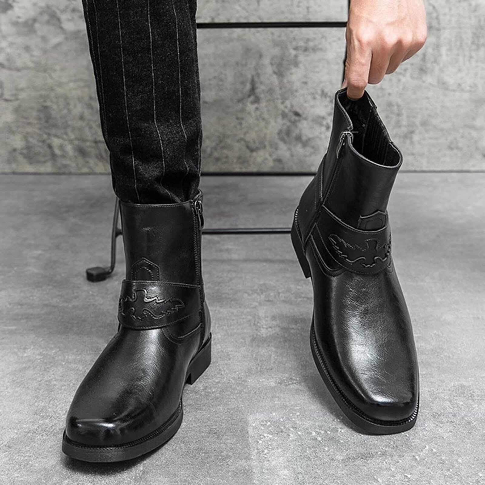 HusSeN Zachodnie kowbojskie buty dla mężczyzn buty do połowy łydki niski obcas na co dzień haftowane boczny zamek błyskawiczny retro buty robocze unisex buty do połowy łydki