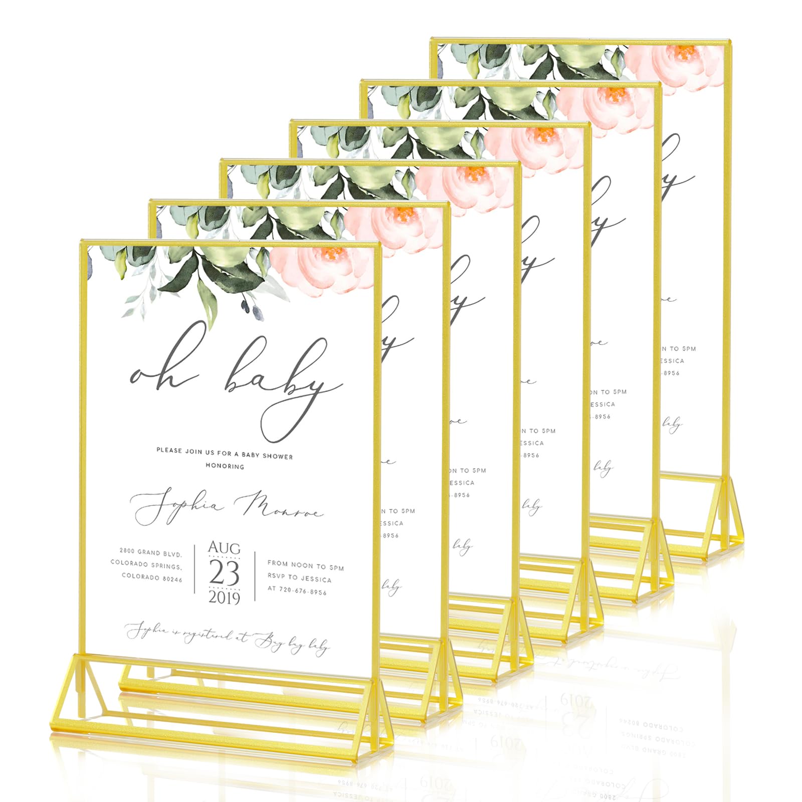 HotyinA5 Acrylic Sign Holder, 6 Pack Sign Holder with Gold Borders, Vertical Double Sided Display Stands for Wedding Table Numbers, Picture Frame, Menu Poster Holder