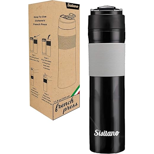 Portable French Press Coffee Maker - Vacuum Insulated Travel Mug - Hot and Cold Tea and Coffee (12 oz) - Great for Commuter - Sisitano
