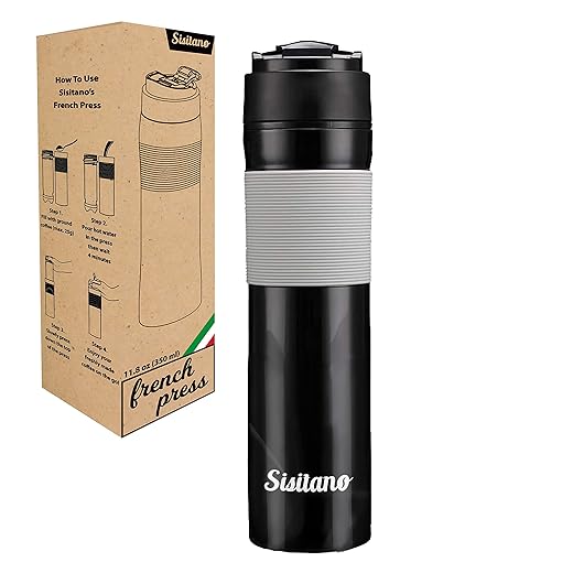Sisitano 2in1 Travel French Press Coffee Maker, Portable 11.8 oz Tumbler Coffee French Press for Ground Coffee & Tea Leaves; Iced Coffee, Cold Brew Tea, Coffee Mug for Trips, Camping, Work & School