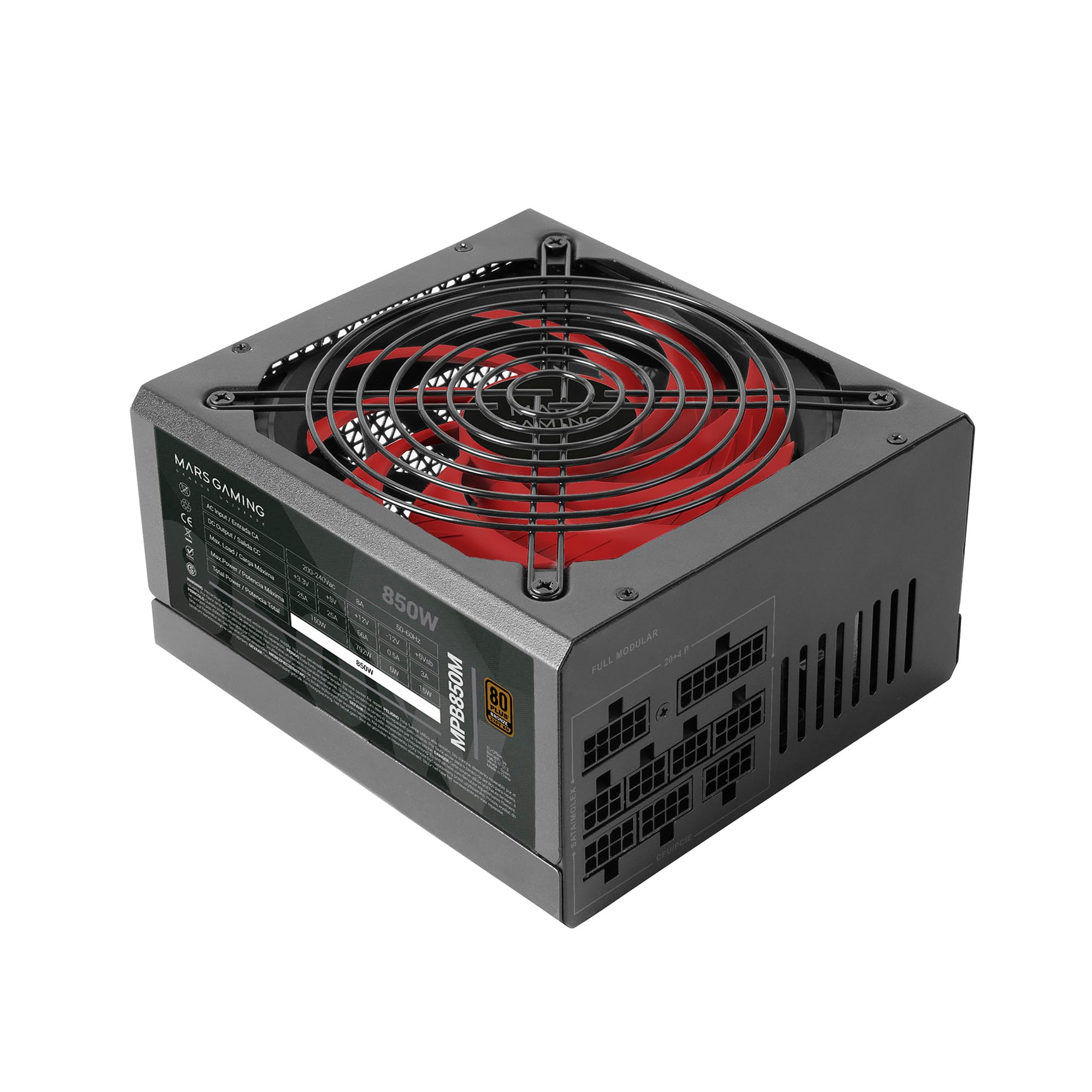 Mars Gaming MPB850M, Fuente Alimentación Modular ATX 850W, 6 Años Seguridad, 80Plus Bronze 230V, Tecnología Silenciosa AI-RPM, 90% Eficiencia, Negro