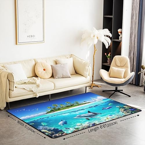 Miniatura 2 de Alfombra hawaiana de playa de 5 x 7 pies, diseño de delfín, sala de estar, dormitorio, decoración del hogar, vida marina, alfombra ultra suave