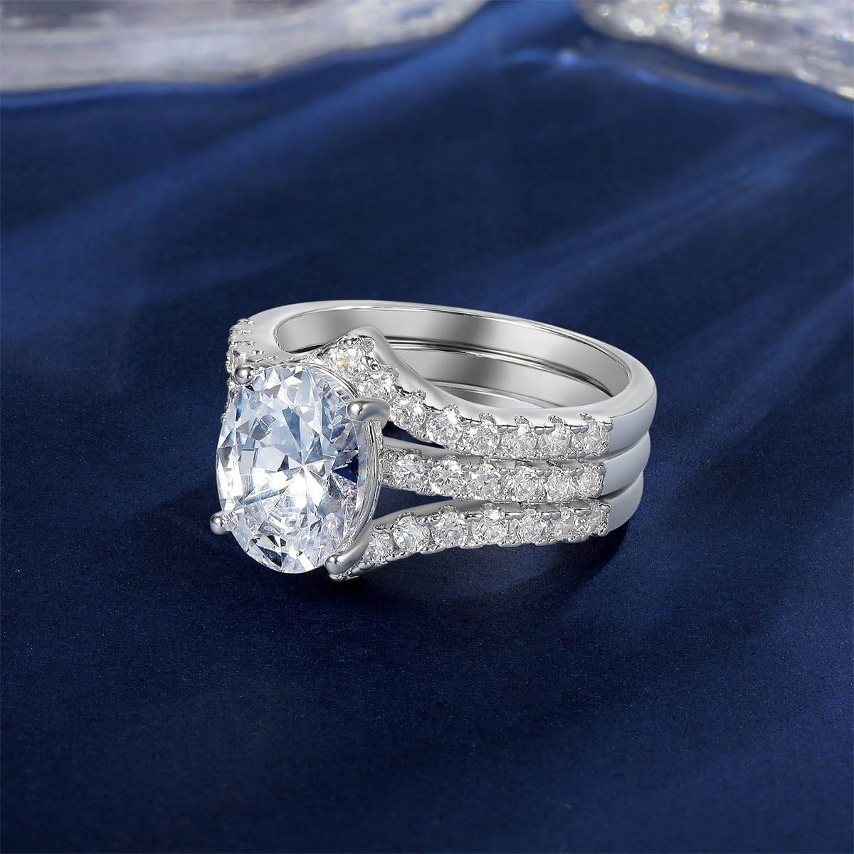 MDFUN 18K Gold Plated Promise Eternity Rings for Women, 7 * 9mm Oval Cubic Zirconia Three-in-One Ring Wedding Band Engagement - Image 3