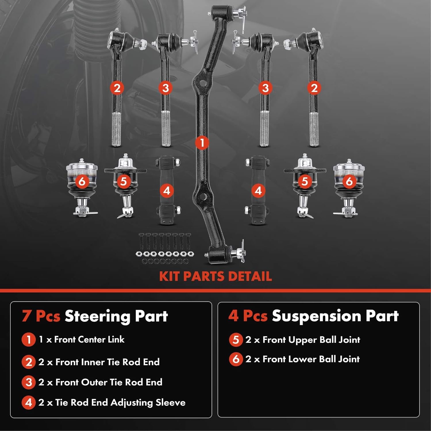 A-Premium Set of 11, Front Upper Lower Ball Joint, Inner Outer Tie Rod End, Center Link, Compatible with Chevrolet Blazer 96-05, S10 96-03, GMC Jimmy 96-01, Sonoma 96-03, Isuzu Hombre 96-00, RWD