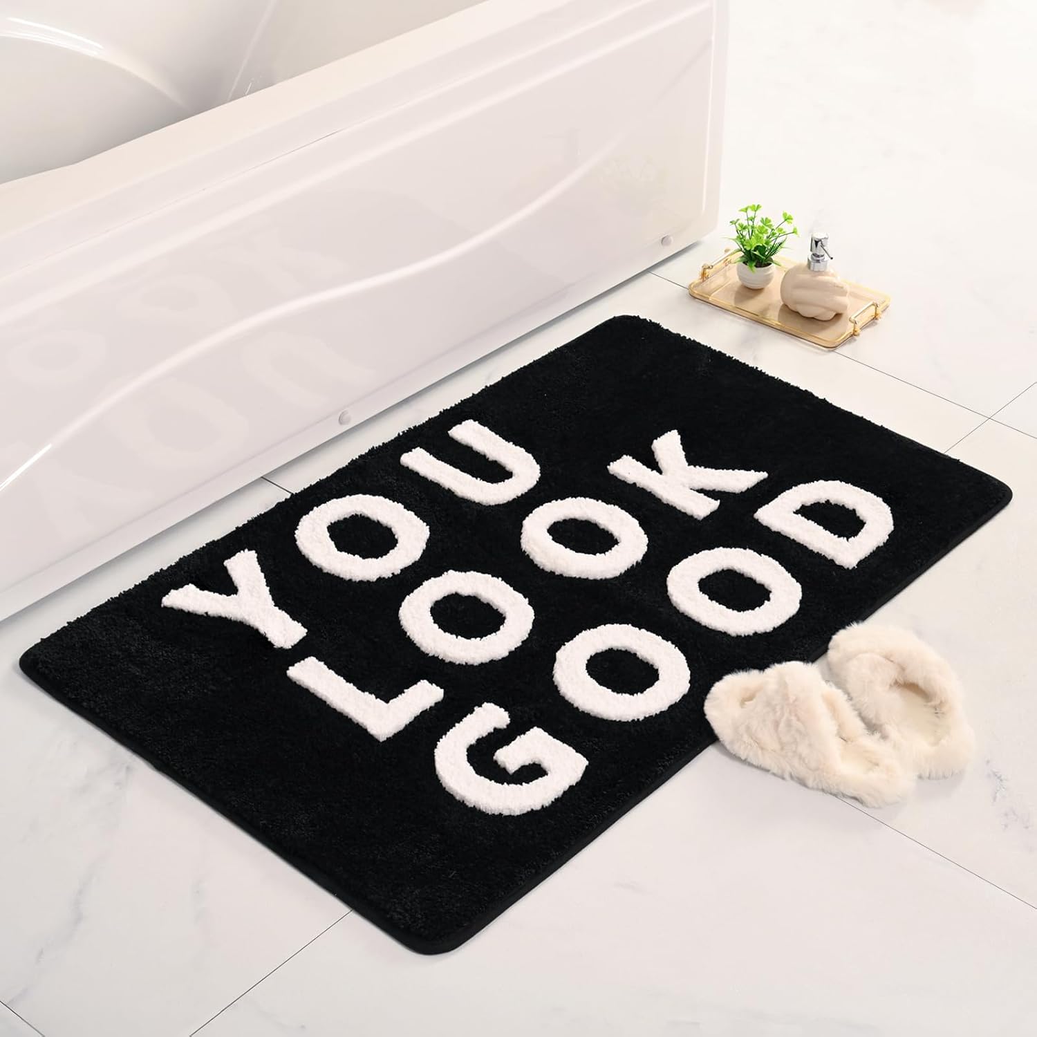 QJHOMO You Look Good Bath Mat Cute Black and White Bathroom Rugs Funny Bath Rug, Non Slip Shower Mat Cool Home Decor, Soft Microfiber Floor Carpet Washable, Super Absorbent Bathmat (28x45 inch)