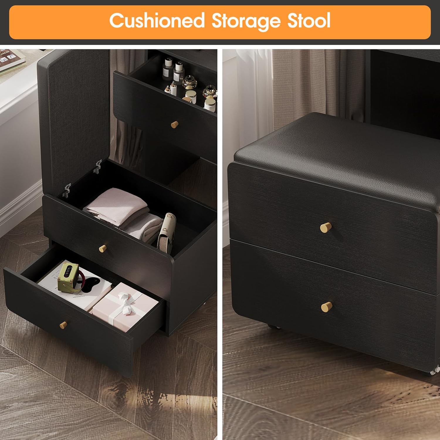 Vabches Make Up Vanity Desk with Mirror and Lights, Black Vanity Table Set with Charger Station,Girls Small Vanity and Storage Chair