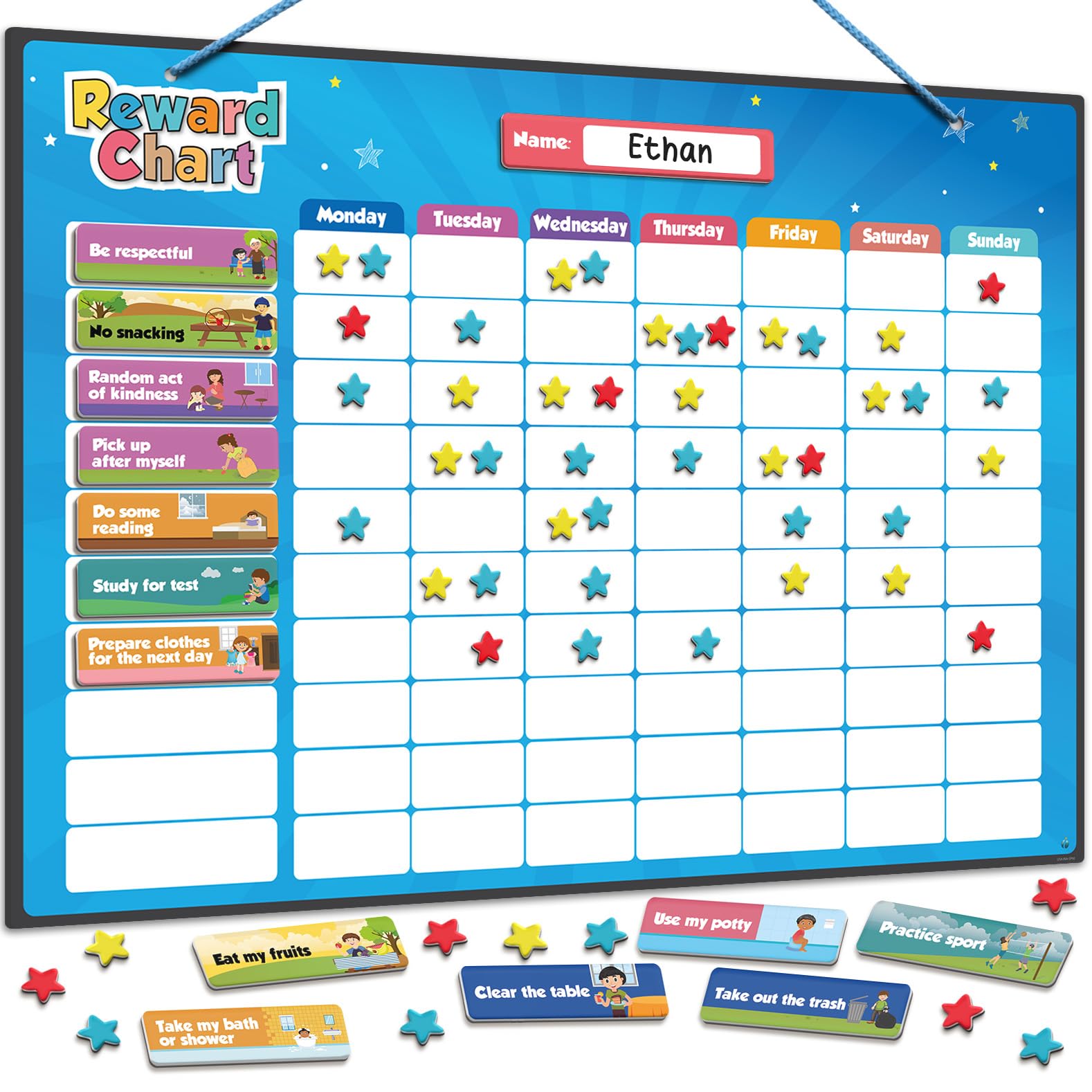 inamio Magnetic Kids Responsibility Reward Chart - Engaging 3D Stars & Chore Tasks - Behavior Chart for Home & School - Ideal for Ages 3-9, Multiple Kids