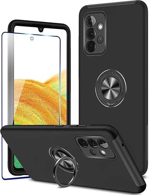KRAFTCARE for Samsung A33 Case with Kickstand Ring and Screen Protector, Shockproof and Anti Scratch 360° Magnetic Ring Holder Stand Phone Cover for Samsung Galaxy A33 5G - Black
