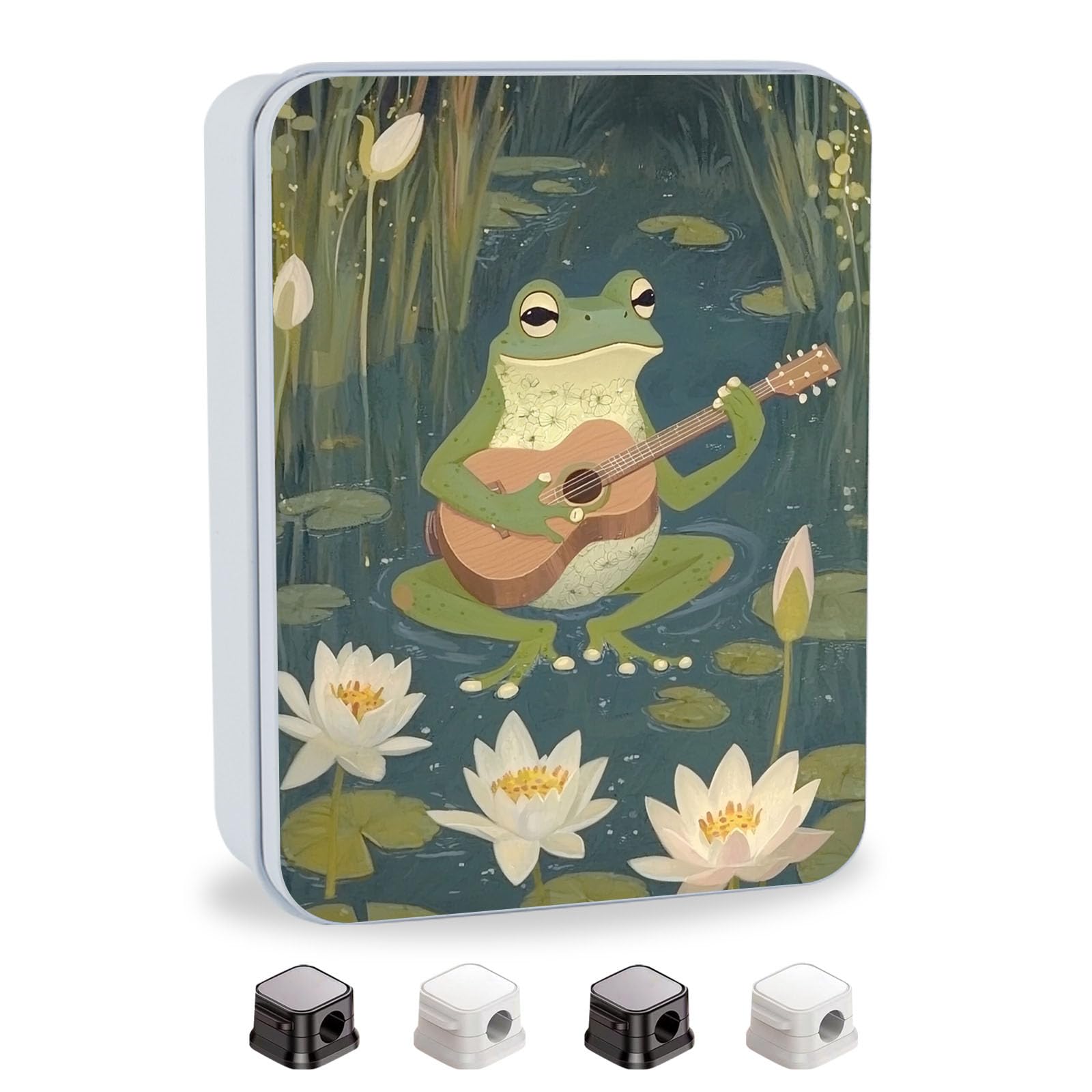 Metal Tin Box with Lid,Multi-functional Storage Box Can Store Tea Biscuits Game Cards, Playing &amp; Tarot Cards-Comes with 4 Magnetic Cord Clips,Frog Playing Guitar