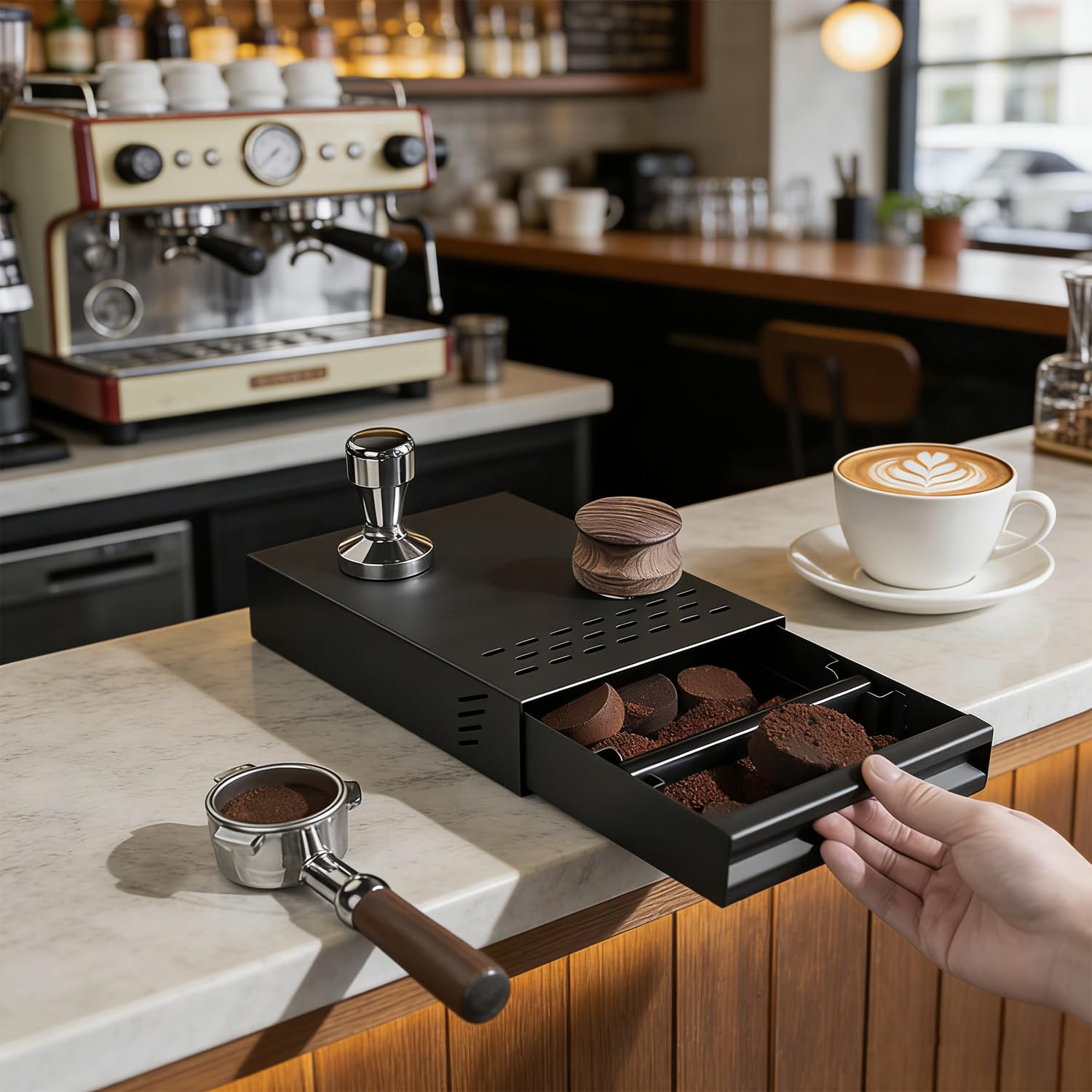 Knockbox per Caffè Espresso in Acciaio Inossidabile, Cassetto Battifondi Caffè, Nero Contenitore per Fondi di Caffè (35 * 25 * 9CM)