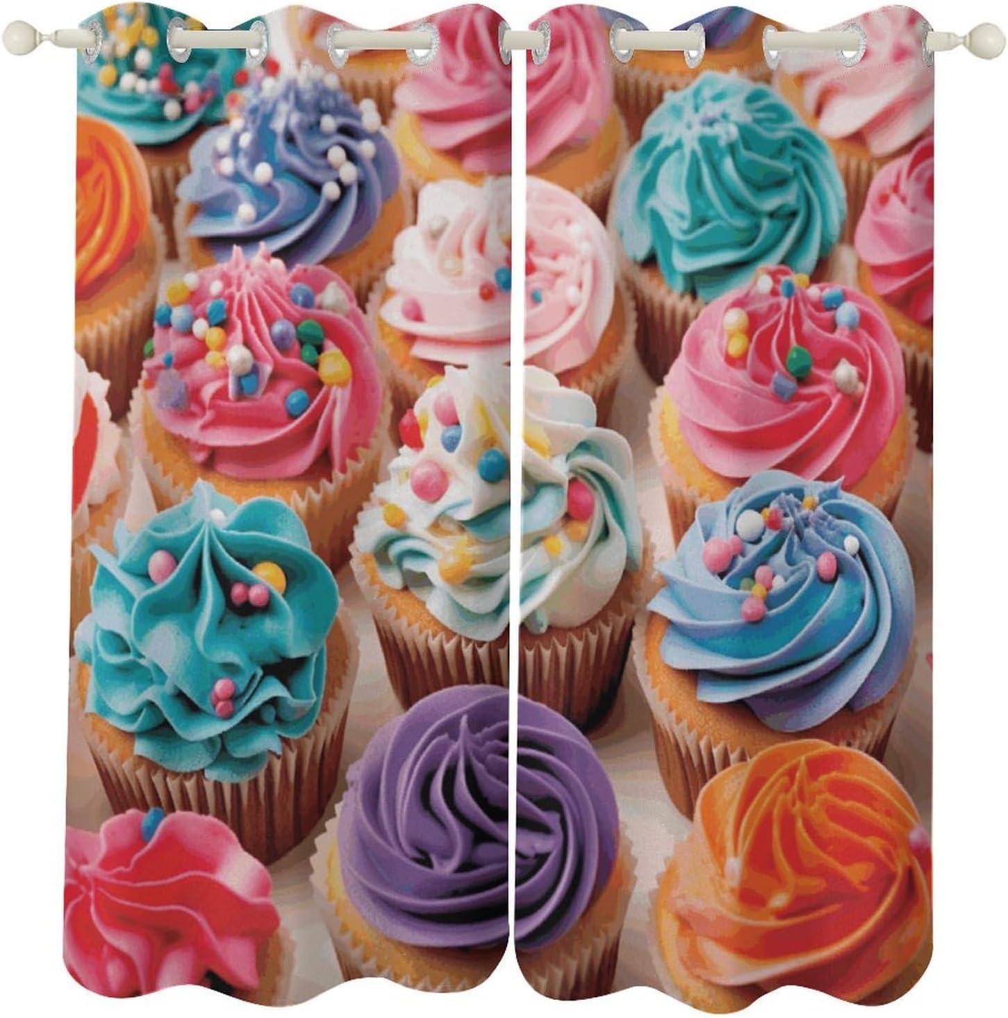 Birthday Cupcakes Printed Perforated Curtains, Insulated Curtains for Winter, Thermal Drapes are Suitable for Most Windows, Balconies