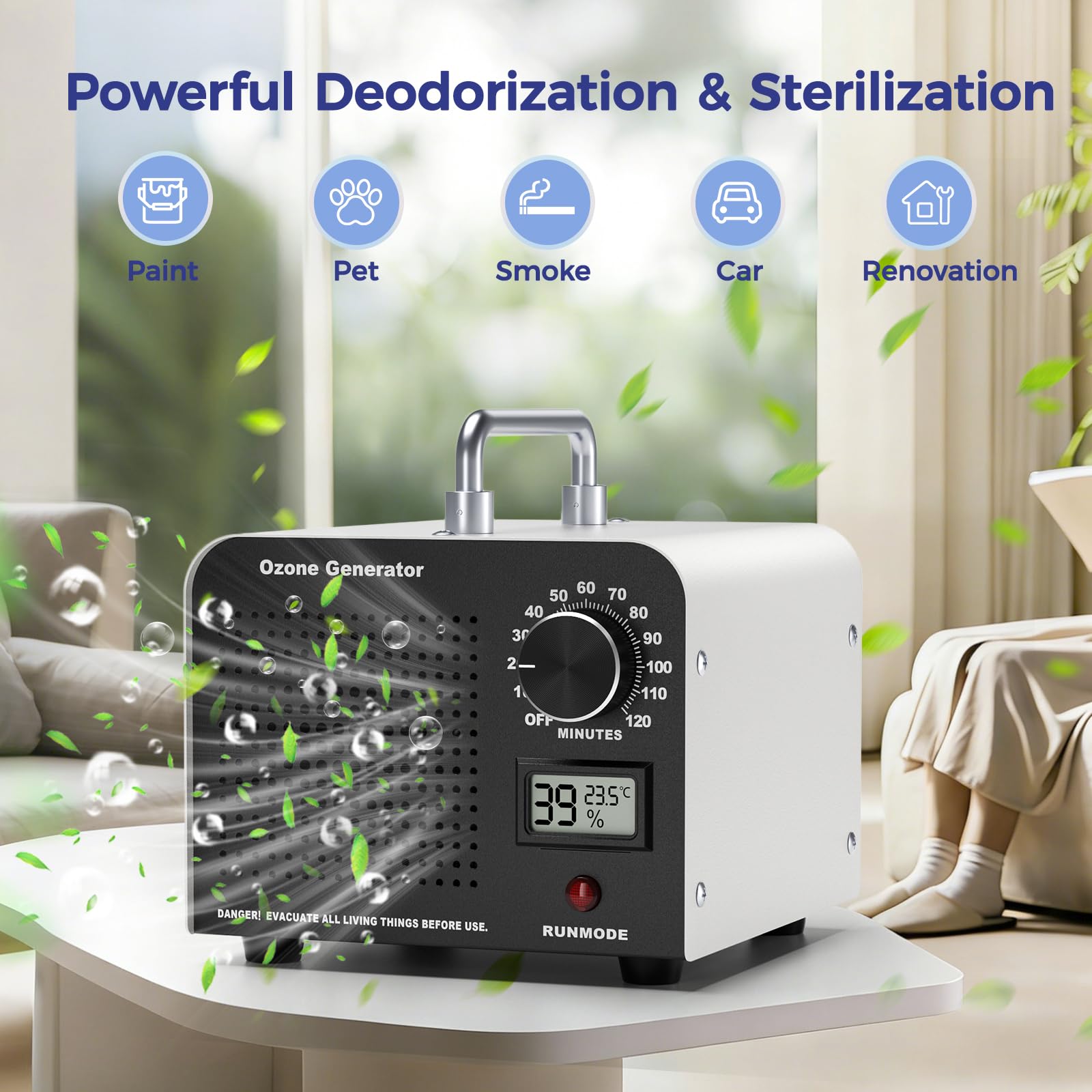 Hochleistungs Ozongenerator 60000 mg/h, Luftreiniger, mit Temperatur- und Luftfeuchtigkeitsanzeige, 120-Minuten Timer für 320㎡ Raum für Zuhause, Auto, Büro, Garage, Rauch, Haustiergerüche