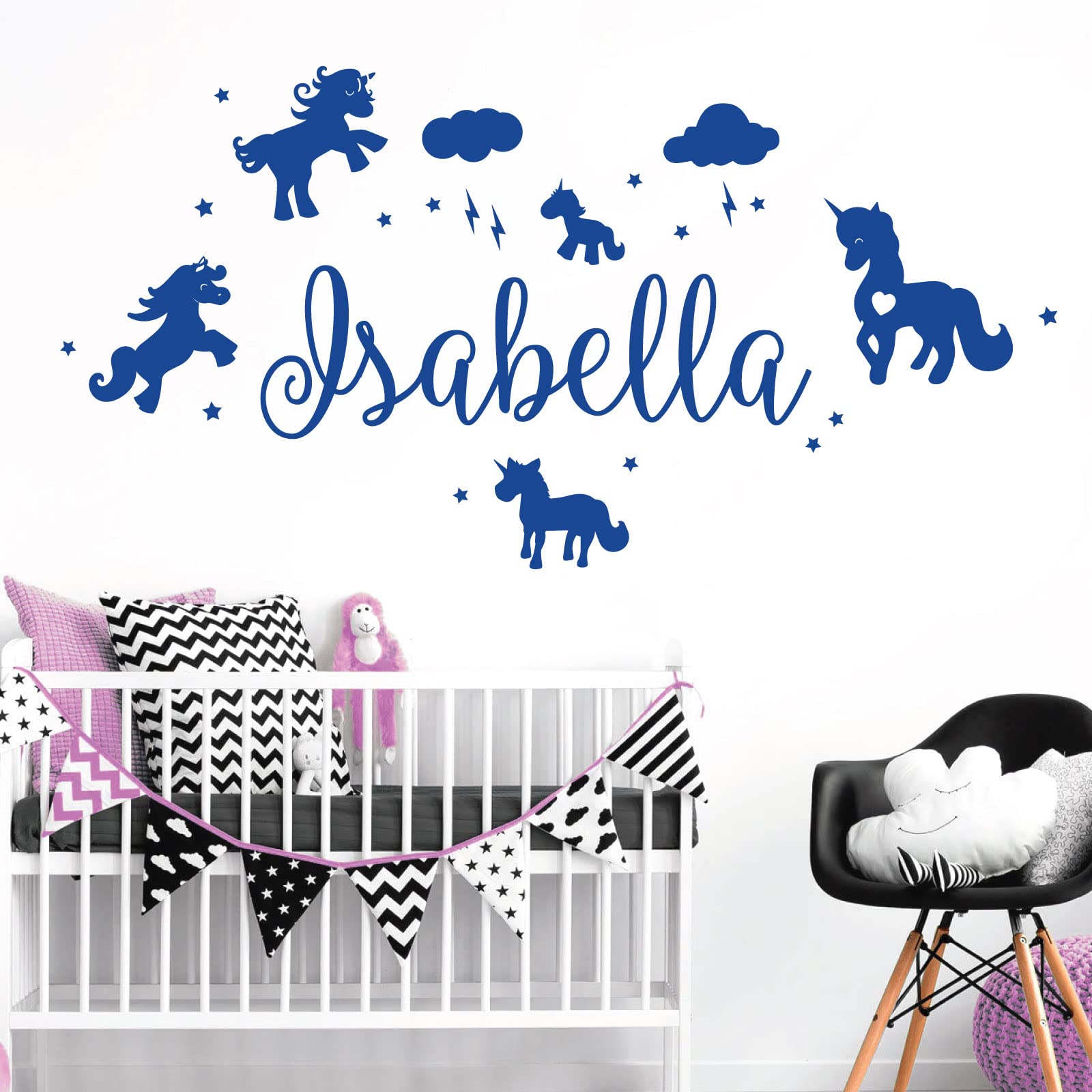 Unicorns, Stars & Clouds - Personalised Name Girls Wall Art Sticker [Medium] [Mid Blue]