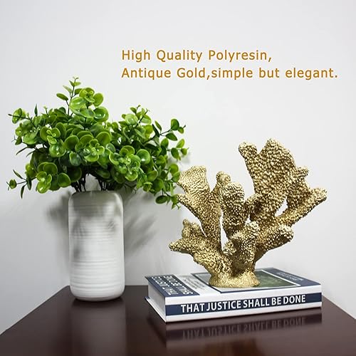Miniatura 5 de Decoración de coral dorado artificial, resina de arrecife de coral, decoración náutica de mesa, decoración del hogar y sala de estar (7.8 pulgadas