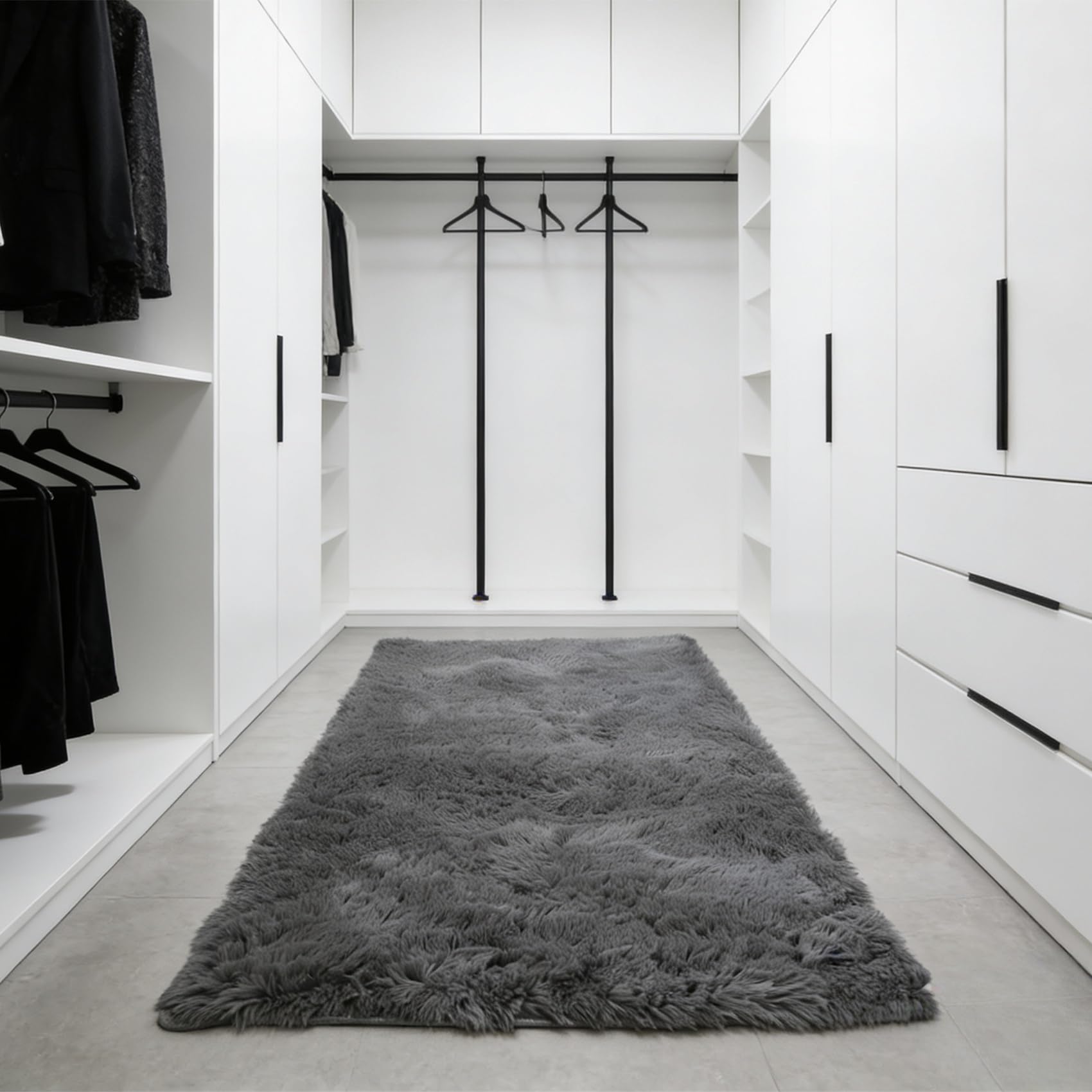 Tapis à poils longs gris pour salon et chambre parentale chaleureuse