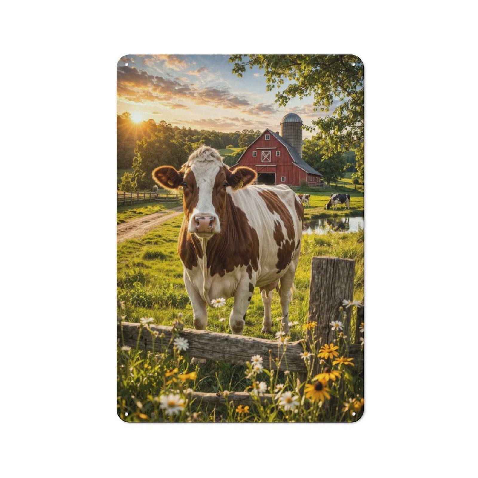 Junmoney Style-14 Garage Style Metal Wall Sign 30X20cm Featuring Cow In A Farm Field At Sunset, Garage Wall Decor For Garage, Hobby Room, Office Or Man Cave